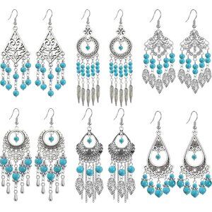Elegant 6 Pairs Turquoise Antique Silver Dangle Earrings for Everyday Glam